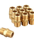 Front view: brass 1/4 in NPT male hex nipple fittings, 10-piece set