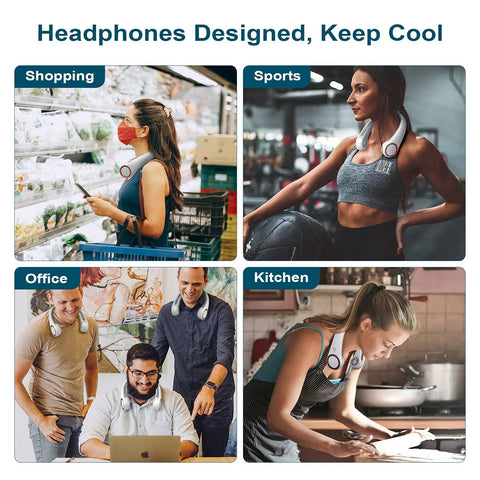 Portable Neck Cooling Fan With Three Speeds Bladeless Hands Free Wearable Design USB Rechargeable used by people in various settings