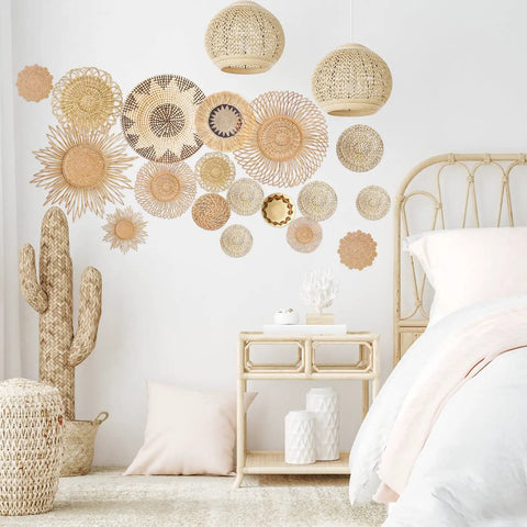 Boho Basket Round Wall Decals Set Of 18 Peel And Stick Removable Wall Stickers in modern bedroom with rustic decor