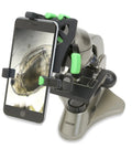 HookUpz Two Point Zero Universal Smartphone Optics Digiscoping Adapter on microscope with phone displaying magnified image