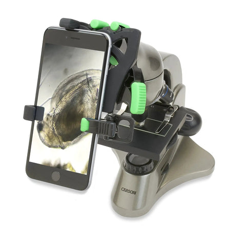 HookUpz Two Point Zero Universal Smartphone Optics Digiscoping Adapter on microscope with phone displaying magnified image