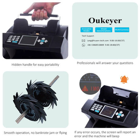 Mixed Denomination Cash Counter And Money Counting Machine With IR Image UV MG DD Counterfeit Detection Bill Value Counter For Business Fast Accurate Cash Counting And Denomination Sorting with hidden handle and display screen.