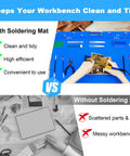 Massive Silicone Soldering Mat With Hella Heat Resistance Up To Five Hundred Degrees Fahrenheit Badass Workbench Pad For Phone Laptop Electronics Bga Rework And Soldering Gear Blue, shown in use for clean workspace.