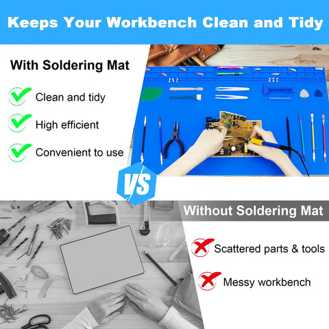 Massive Silicone Soldering Mat With Hella Heat Resistance Up To Five Hundred Degrees Fahrenheit Badass Workbench Pad For Phone Laptop Electronics Bga Rework And Soldering Gear Blue, shown in use for clean workspace.