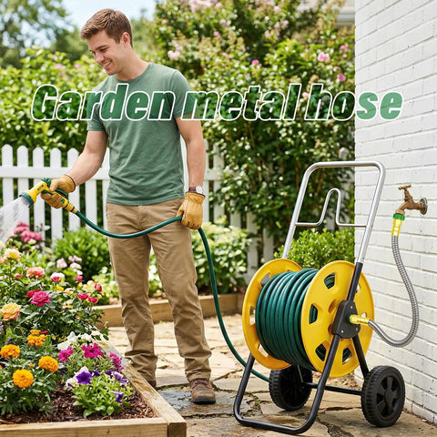 Man using 2 Ft Garden Hose With Female To Male Metal Connector 304 Stainless Steel Leader Hose For Hose Reels outdoors