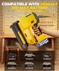 Tough 18 Gauge Cordless Brad Nailer And Stapler Pair with DeWalt battery compatibility, fastener compartment visible in focus.