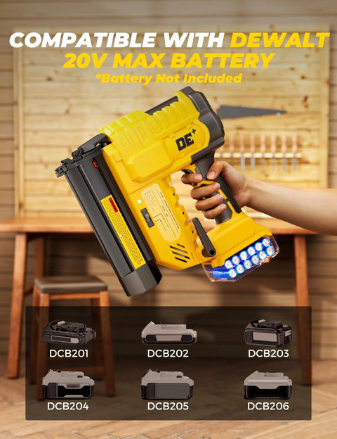 Tough 18 Gauge Cordless Brad Nailer And Stapler Pair with DeWalt battery compatibility, fastener compartment visible in focus.