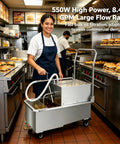 Commercial 14.5 Gallon Mobile Fryer Oil Filter System, 550W Stainless Steel Deep Fryer Cart With Wheels in kitchen.