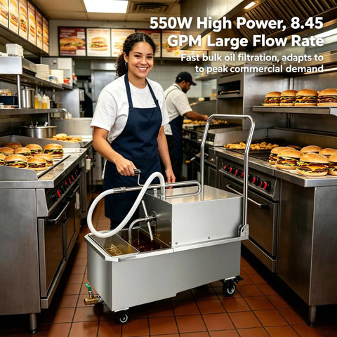 Commercial 14.5 Gallon Mobile Fryer Oil Filter System, 550W Stainless Steel Deep Fryer Cart With Wheels in kitchen.