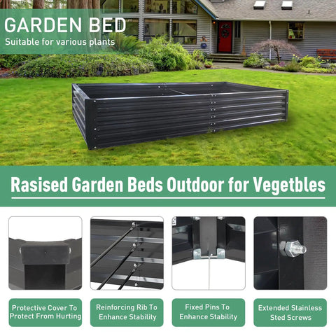 Tall 8x4x1.5 Ft Metal Raised Garden Bed Kit With Galvanized Steel Planter Boxes For Vegetables Flowers And Herbs Outdoor Garden Beds Includes Two Tomato Cages And Gloves Easy Assembly Black in garden setting.