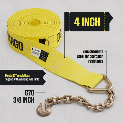 Beefy Two Strap System With 4 Inch By 30 Foot Heavy Duty Winch Straps With Chain End And Grab Hook For Flatbed Hauls 16200 Lbs Break Strength Industrial Grade Tie Downs Built To Lock Down Heavy Equipment displayed on gray surface