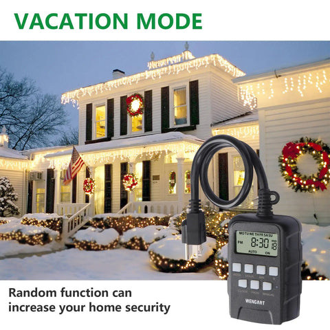 Tough As Nails Outdoor Digital Timer Dual Outlet Weatherproof with display, used for holiday lights on a snowy house.