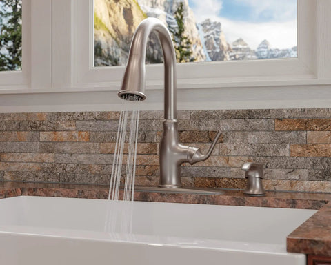 High Arc Kitchen Faucet With Pull Down Sprayer And Soap Dispenser, Spot Defense Stainless Finish, in modern kitchen sink