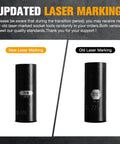 Comparison of new and old laser markings on Beefy Three Eighths Inch Drive Deep Impact Socket Set 16 Piece Metric Range From 7mm To 22mm Includes 3 Inch And 6 Inch Extension Bars 6 Point Chrome Vanadium Steel Sockets With Heavy Duty Storage Case.