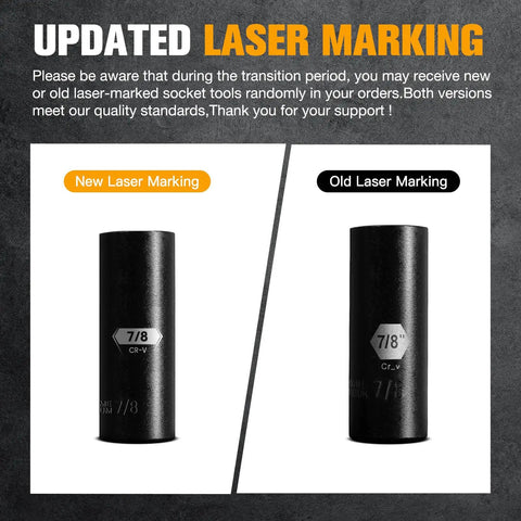 Comparison of new and old laser markings on Beefy Three Eighths Inch Drive Deep Impact Socket Set 16 Piece Metric Range From 7mm To 22mm Includes 3 Inch And 6 Inch Extension Bars 6 Point Chrome Vanadium Steel Sockets With Heavy Duty Storage Case.