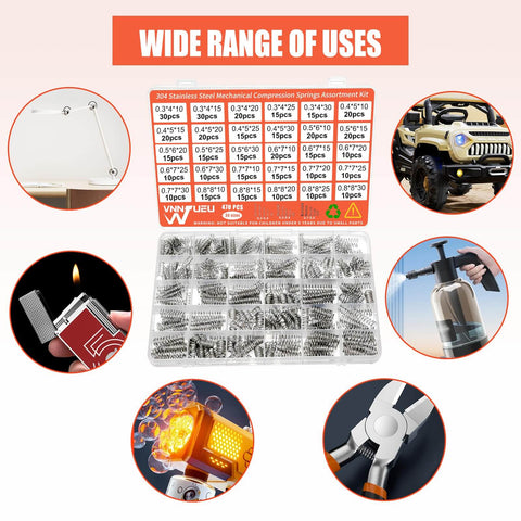Image showing 304 Stainless Steel Compression Springs Assortment Kit with 470 pieces and uses for electronics repair and DIY projects.