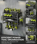 Wall Mount Tool Organizer With 3 Tier Heavy Duty Metal Rack For 4 Drills Plus Screwdriver And Hammer Holder 150 Lb Capacity Garage And Workshop Storage No Fuss visible mounted on wall