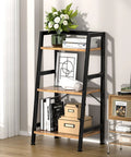 Rock Solid 3 Tier Ladder Bookshelf With Heavy Duty Steel Frame Rustic Brown Metal Display Stand Up Shelves For Living Room Home Office, decorated with books and a vase.