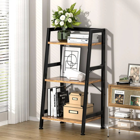 Rock Solid 3 Tier Ladder Bookshelf With Heavy Duty Steel Frame Rustic Brown Metal Display Stand Up Shelves For Living Room Home Office, decorated with books and a vase.