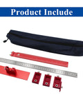 All In One Cabinet Hardware Jig For Handles And Knobs Inch And Metric Drill Guide with rulers, red components, and black case
