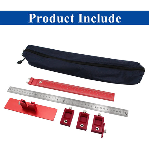 All In One Cabinet Hardware Jig For Handles And Knobs Inch And Metric Drill Guide with rulers, red components, and black case
