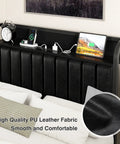 Chic Twin Platform Bed Frame With Upholstered Storage Headboard And Built In Charging Hub Heavy Duty Metal Slats No Box Spring Needed Straight Up Noise Free No Sweat Setup Pure Black, close-up of PU leather headboard with charging devices.