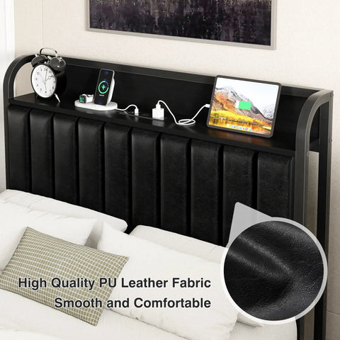 Chic Twin Platform Bed Frame With Upholstered Storage Headboard And Built In Charging Hub Heavy Duty Metal Slats No Box Spring Needed Straight Up Noise Free No Sweat Setup Pure Black, close-up of PU leather headboard with charging devices.