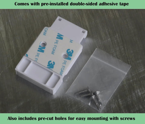 Straight Fire Garage Door Mounting Bracket For Entry Sensors showing adhesive tape and screws for easy installation.