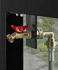 DIY Water Spigot Kit And Hose Bib Extender With Brass Connector installed on a screen door for patio water access