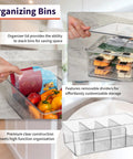 Pantry Organization Bins With Removable Dividers And Lids Two Pack For Refrigerator And Cabinet Storage, stacked with food items.