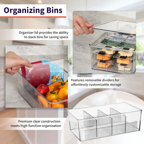 Pantry Organization Bins With Removable Dividers And Lids Two Pack For Refrigerator And Cabinet Storage, stacked with food items.