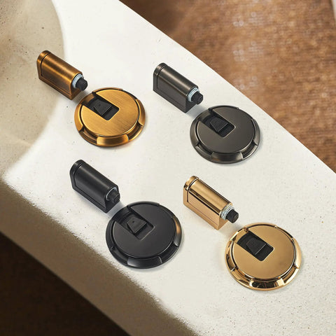 Kickass Magnetic Door Stopper Windproof Floor Hold Open Latch in black and gold finishes with dual mount options.