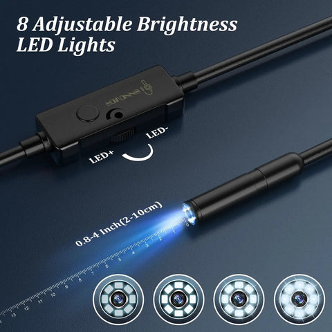 1920P HD Endoscope Camera with light and 8 adjustable LED lights, 7.9mm semi-rigid probe showing LED brightness control