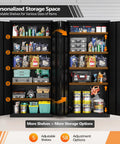 Heavy Gauge Steel Storage Cabinet With Two Doors And Five Adjustable Shelves, Seventy One Inch Tall Lockable Tool Box For Garage Or Office, Black Finish with tools and supplies organized inside.