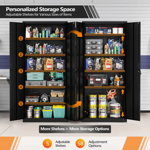 Heavy Gauge Steel Storage Cabinet With Two Doors And Five Adjustable Shelves, Seventy One Inch Tall Lockable Tool Box For Garage Or Office, Black Finish with tools and supplies organized inside.