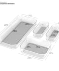 Premium 4 Piece Clear Bin Storage Set For Office, Kitchen, And Home With Soft Grip Lining And Non Slip Base dimensions shown