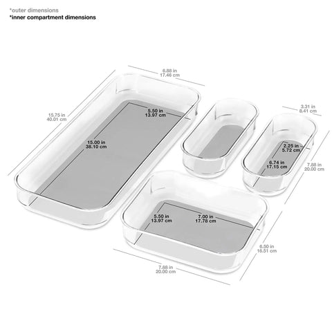 Premium 4 Piece Clear Bin Storage Set For Office, Kitchen, And Home With Soft Grip Lining And Non Slip Base dimensions shown