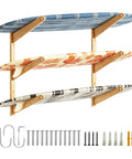 Solid 3 Tier Bamboo Surfboard Rack for Wall Mount or Floor Stand holding three colorful boards with installation hardware.