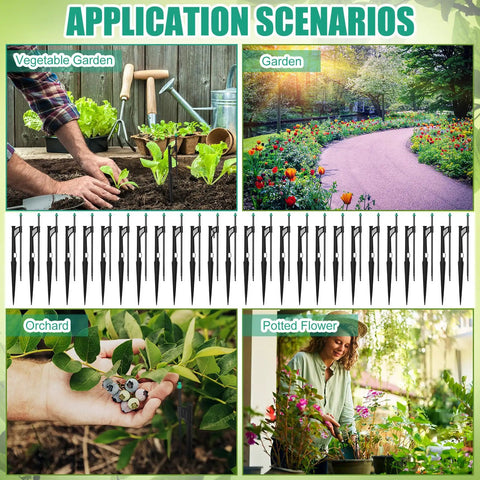 Application scenarios for 25 Pack Drip Irrigation Stakes With 180 Degree Wing Spray Emitters And One Quarter Inch Barbed Inlet Sprinkler Extension Risers For Garden Watering System, 13 Inch Adjustable Stakes, Green in various garden settings.