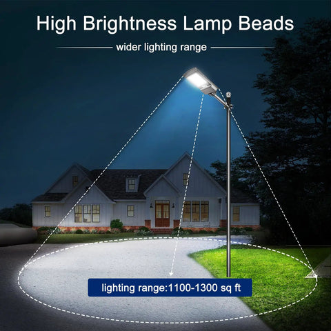 Outdoor Solar Street Light Dusk To Dawn With 3 Modes Motion Sensor illuminating driveway and house at night.