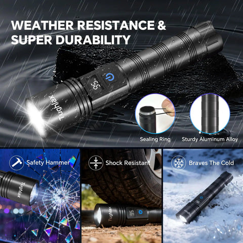 Ultra Bright LED Rechargeable Flashlights Two Pack With LCD Battery Display, 9900 Lumens, zoomable, showing waterproof use.