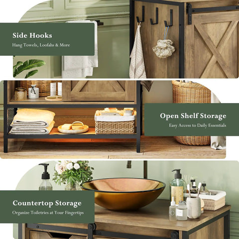 30 Inch Farmhouse Bathroom Vanity With Rustic Brown Wood Cabinet And Tempered Glass Vessel Sink Zero Stress Cleaning Rock Solid Frame Smooth Operator Design For Cozy Home Refresh