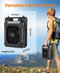 10.2 Inch Solar Camping Fan With Light Rechargeable Battery held by hiker, showing dimensions and weight