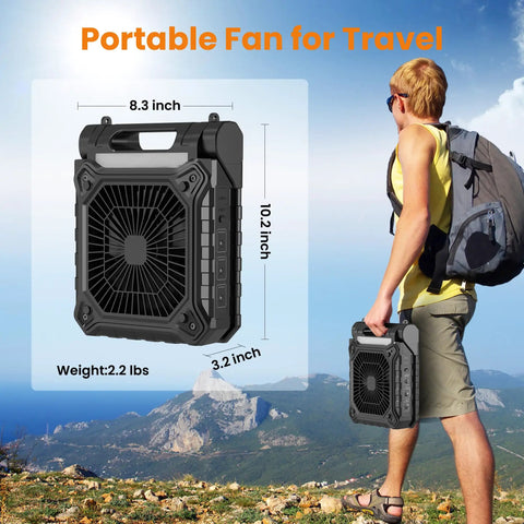 10.2 Inch Solar Camping Fan With Light Rechargeable Battery held by hiker, showing dimensions and weight