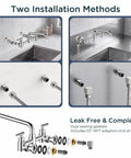 Two installation methods for Heavy Duty Wall Mount Kitchen Faucet With Dual Handles In Classic Chrome, showing plumbing details.