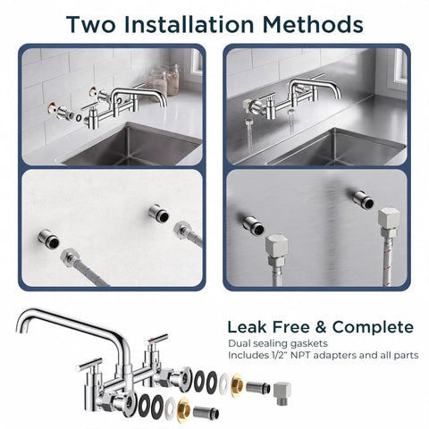 Two installation methods for Heavy Duty Wall Mount Kitchen Faucet With Dual Handles In Classic Chrome, showing plumbing details.