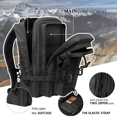 MOLLE Assault Backpack 40L Tactical Military Rucksack open to show main compartments and zipper details, black color.