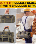 Pro Tool Bag Organizer Foldable Roll Up With Detachable Pouches in use by a construction worker carrying wood planks