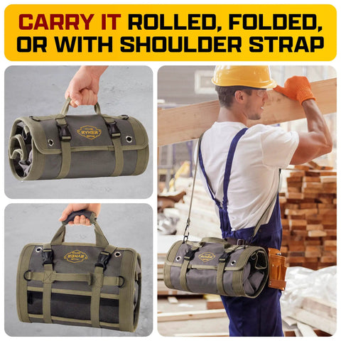 Pro Tool Bag Organizer Foldable Roll Up With Detachable Pouches in use by a construction worker carrying wood planks