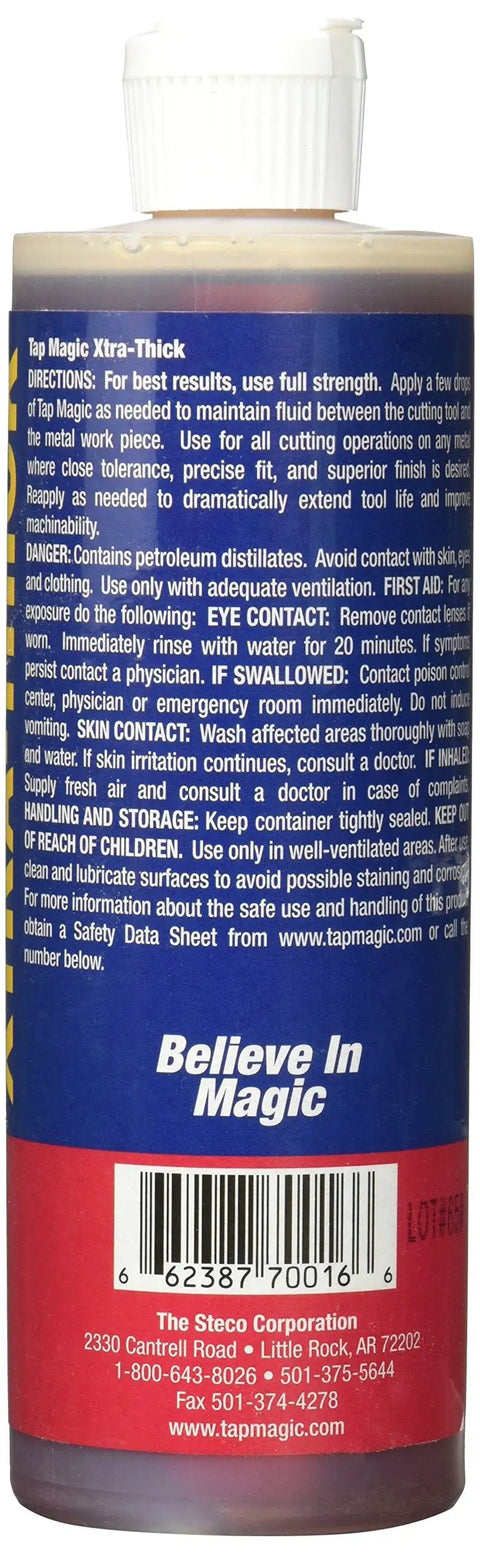 Bottle of Xtra Thick Cutting Fluid For Drilling, Tapping And Milling On Hard Metals, 16 oz, showing product label and instructions